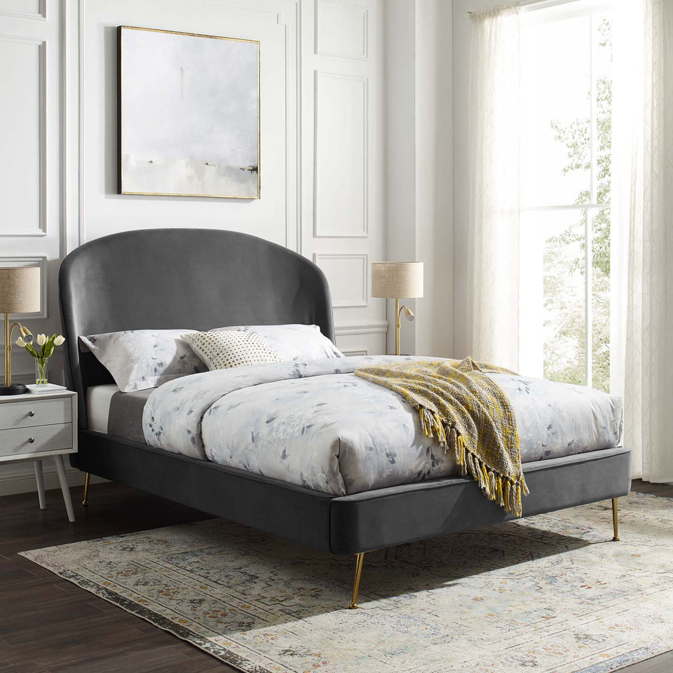 Mira Upholstered Performance Velvet Queen Platform Bed.
