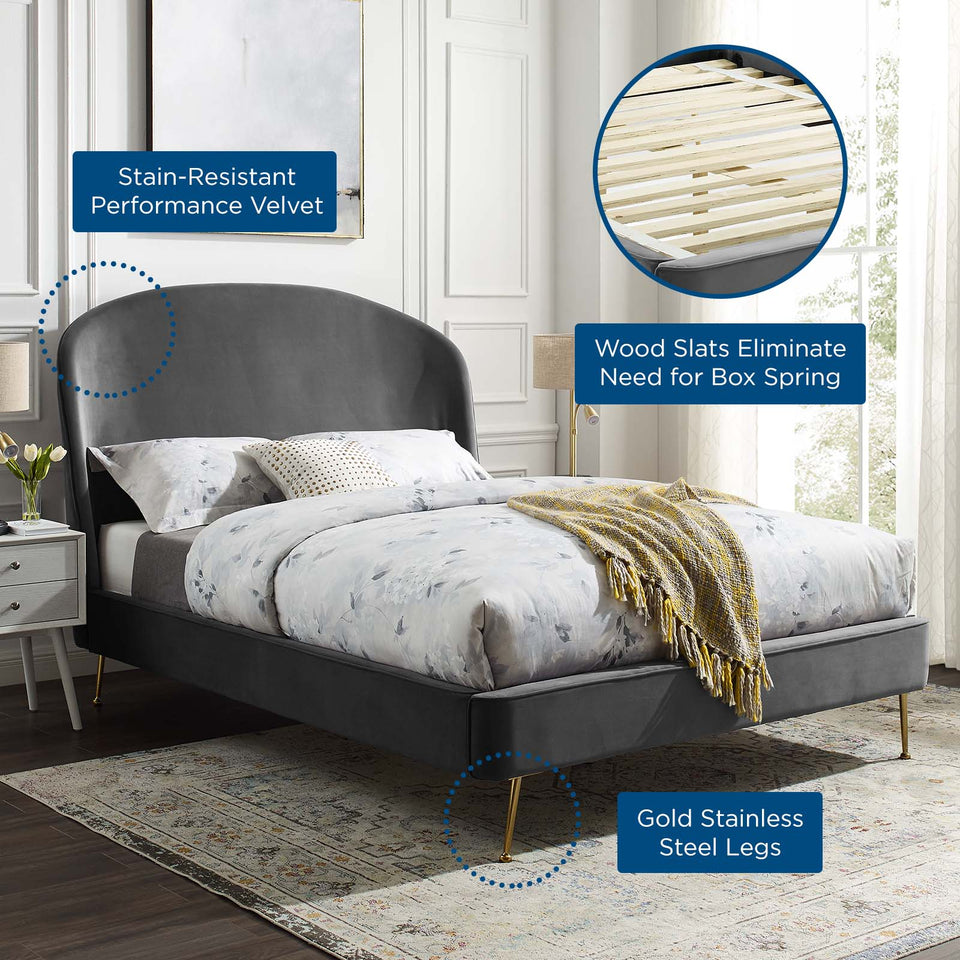 Mira Upholstered Performance Velvet Queen Platform Bed.