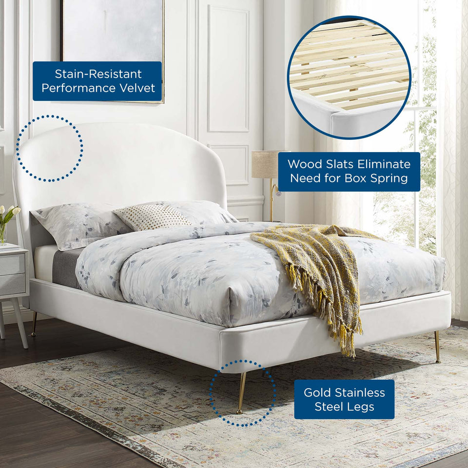 Mira Upholstered Performance Velvet Queen Platform Bed.