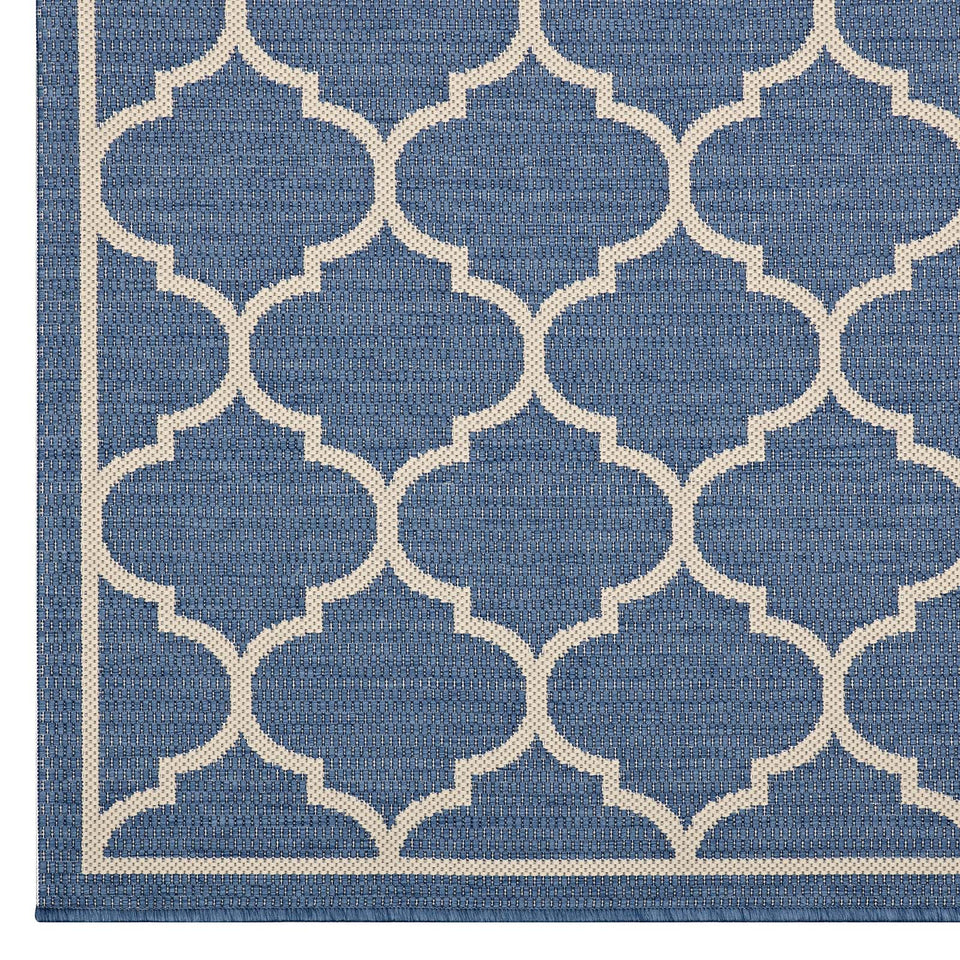 Avena Moroccan Quatrefoil Trellis Indoor and Outdoor Area Rug in Blue and Beige.