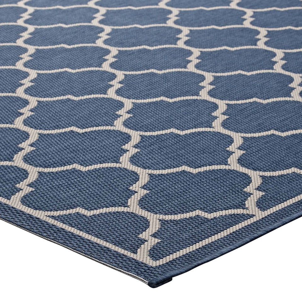 Avena Moroccan Quatrefoil Trellis Indoor and Outdoor Area Rug in Blue and Beige.