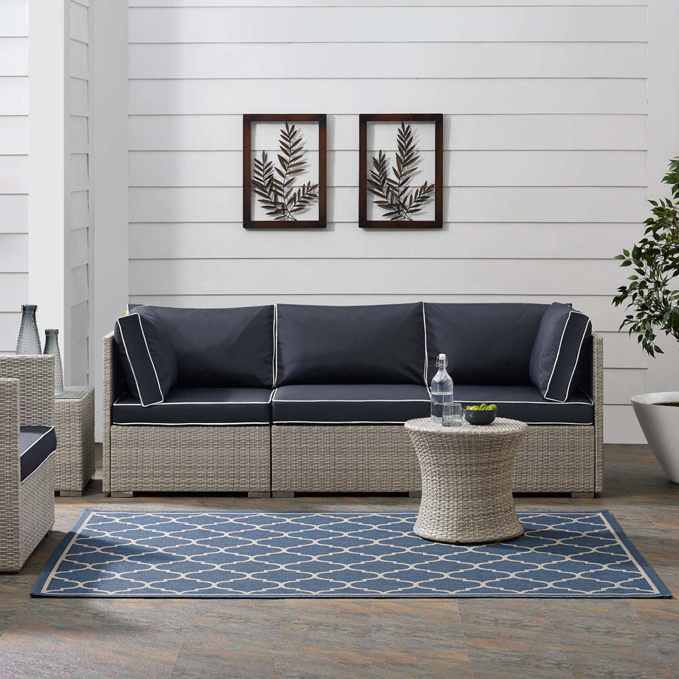 Avena Moroccan Quatrefoil Trellis Indoor and Outdoor Area Rug in Blue and Beige.