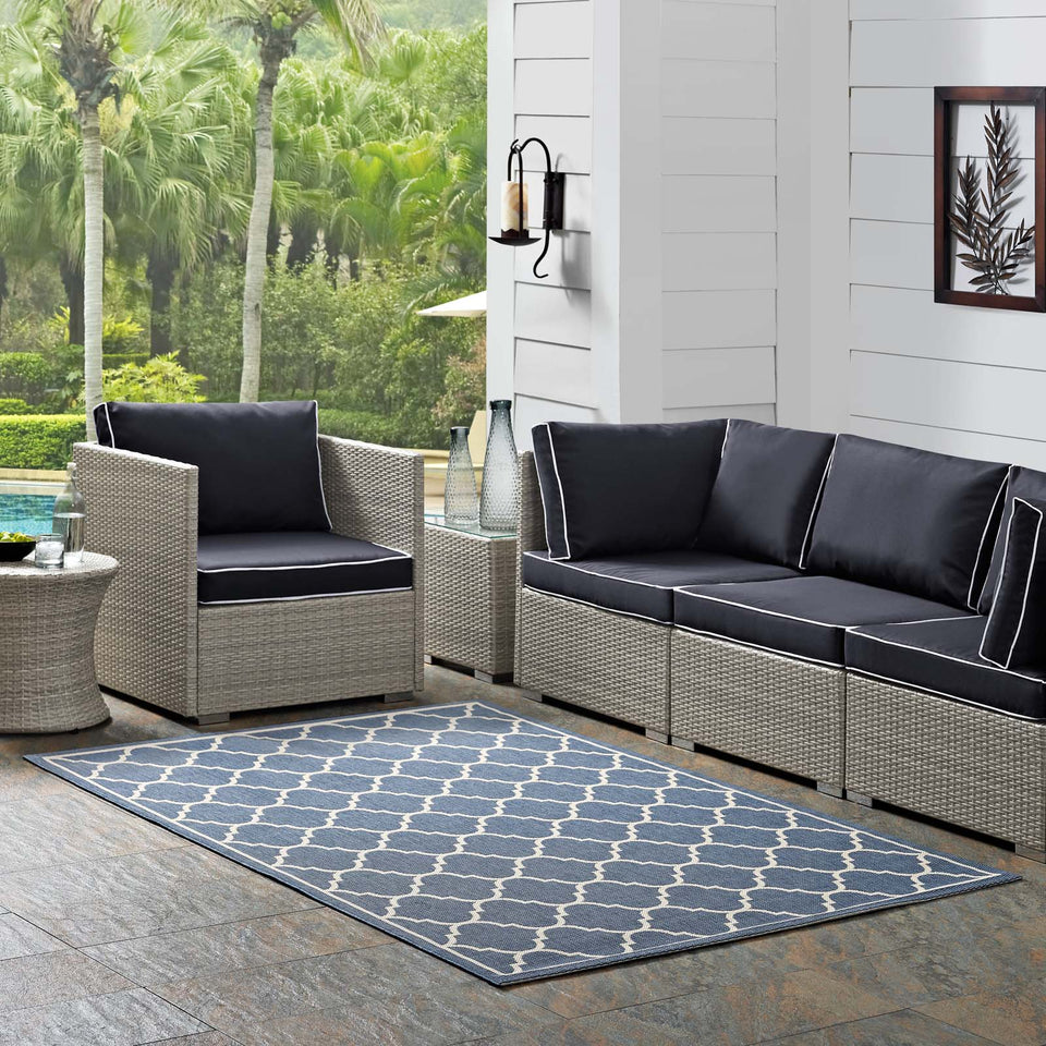 Avena Moroccan Quatrefoil Trellis Indoor and Outdoor Area Rug in Blue and Beige.