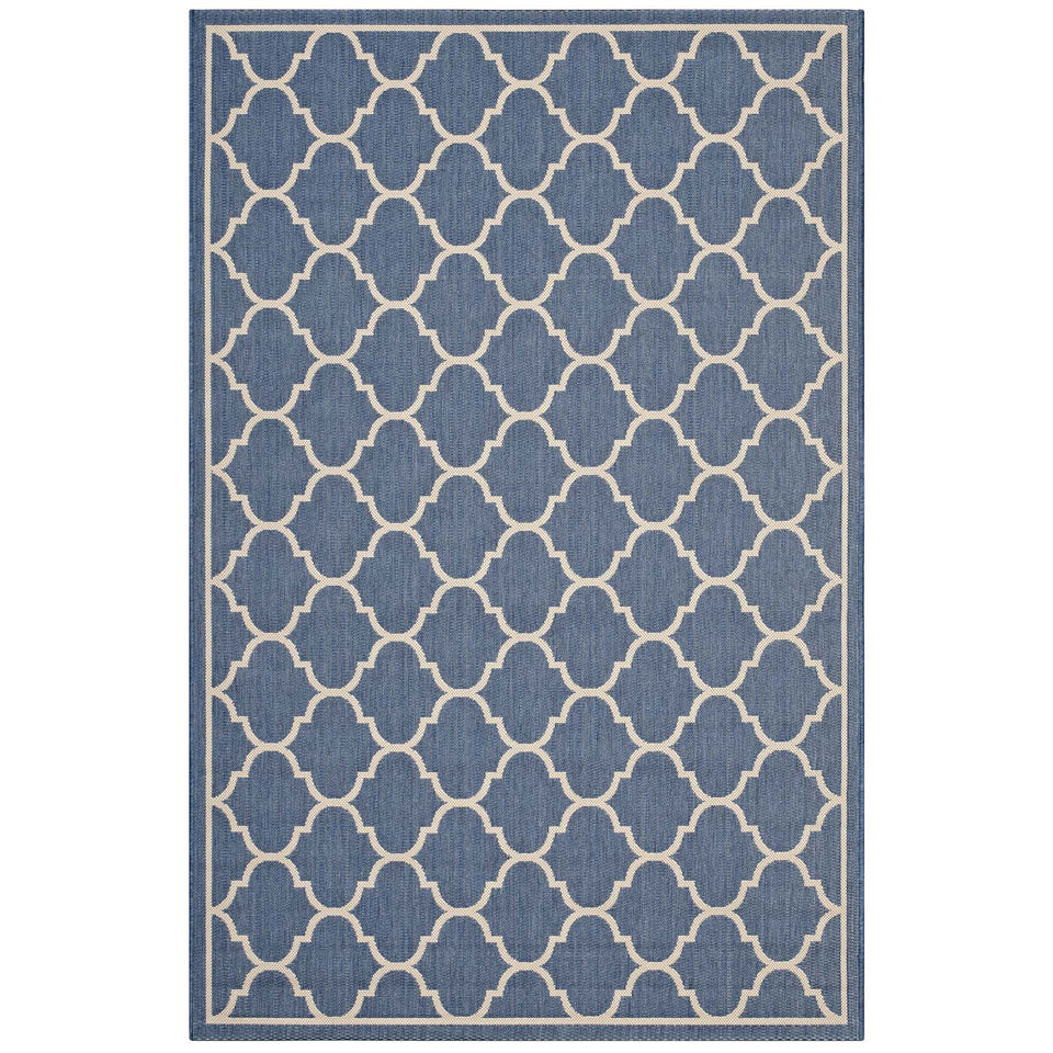 Avena Moroccan Quatrefoil Trellis Indoor and Outdoor Area Rug in Blue and Beige.
