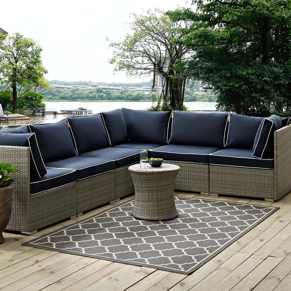 Avena Moroccan Quatrefoil Trellis Indoor and Outdoor Area Rug in Gray and Beige.
