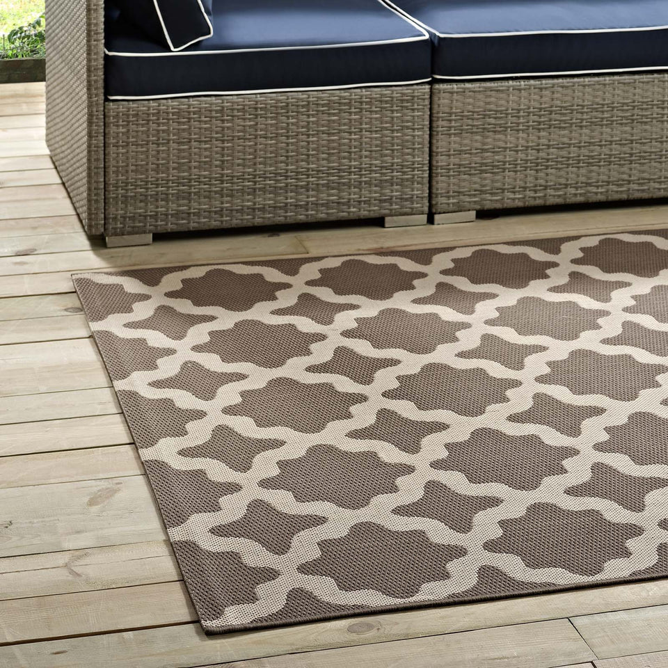 Cerelia Moroccan Trellis Indoor and Outdoor Area Rug in Light and Dark Beige.