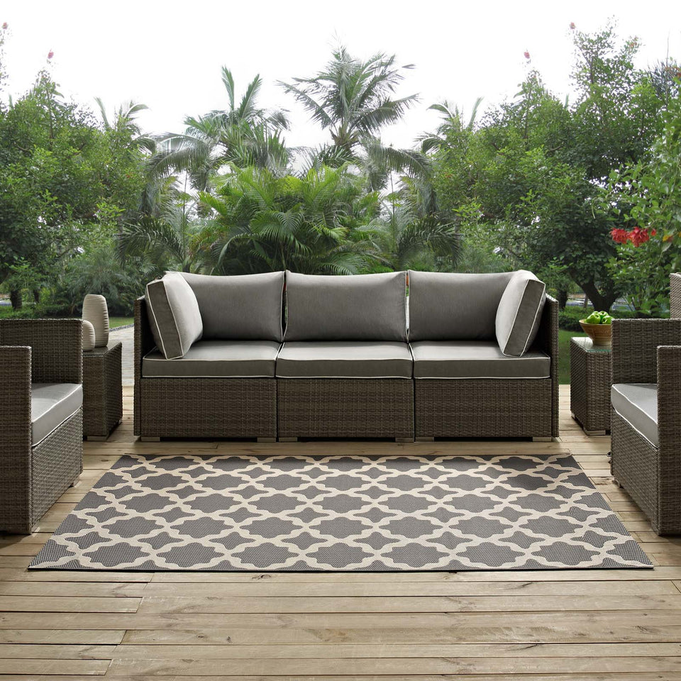 Cerelia Moroccan Trellis Indoor and Outdoor Area Rug in Gray and Beige.