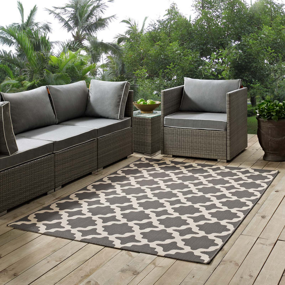 Cerelia Moroccan Trellis Indoor and Outdoor Area Rug in Gray and Beige.