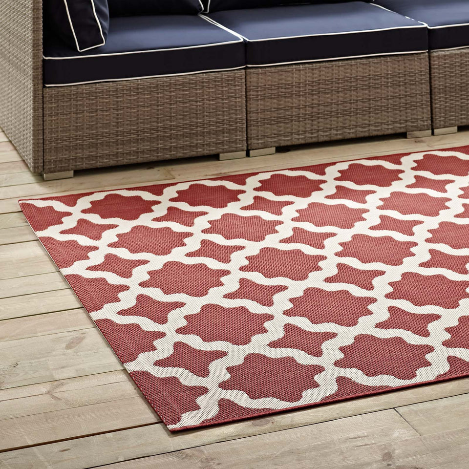 Cerelia Moroccan Trellis Indoor and Outdoor Area Rug in Red and Beige.
