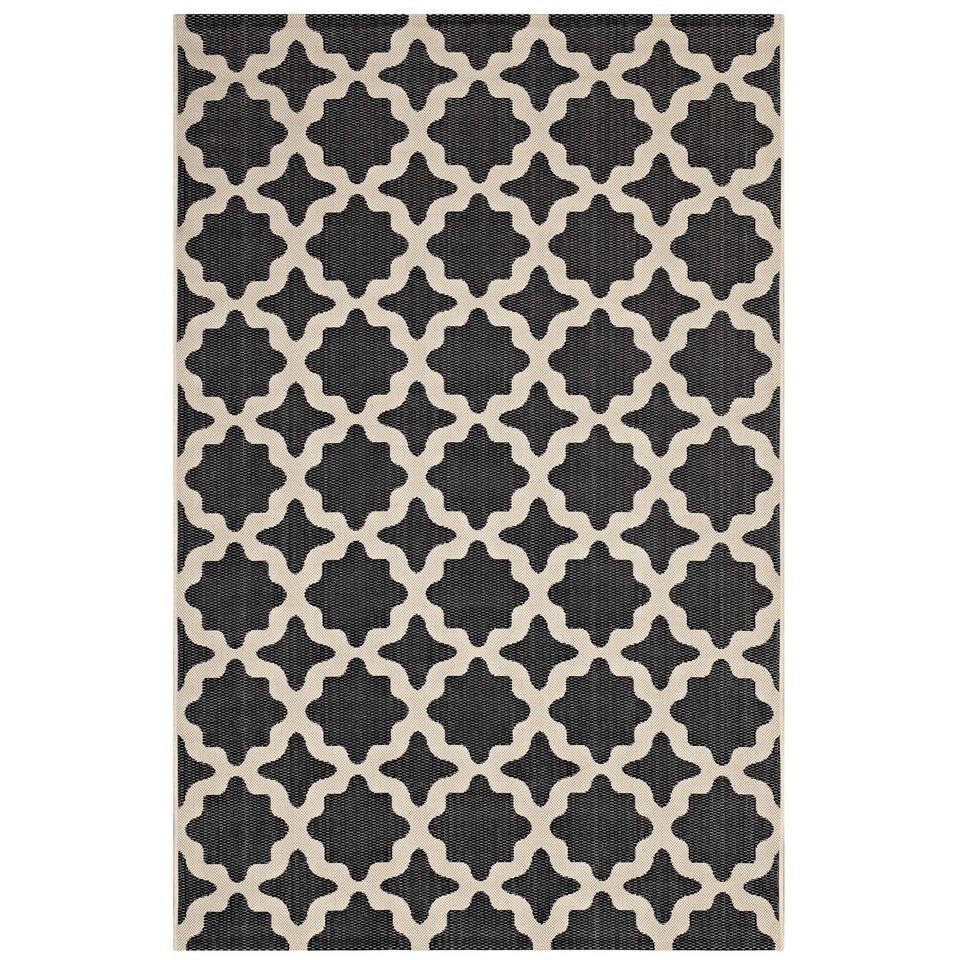 Cerelia Moroccan Trellis Indoor and Outdoor Area Rug in Black and Beige.