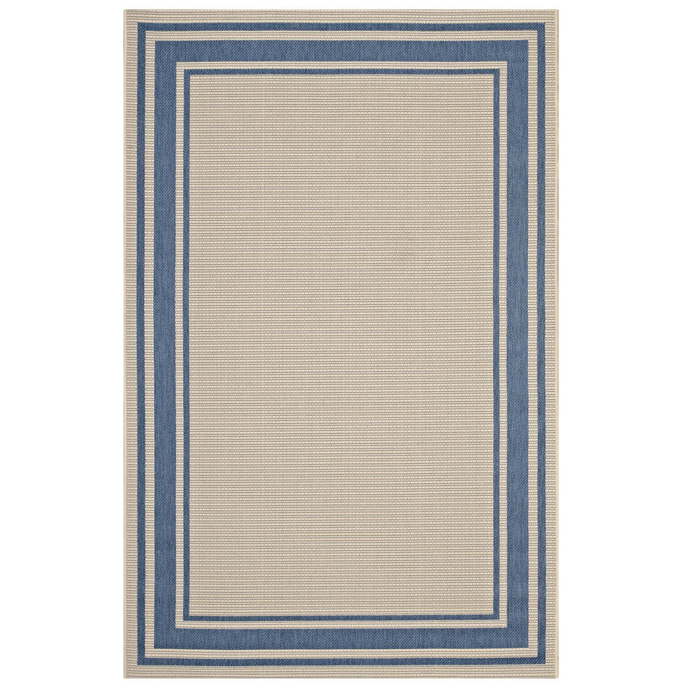 Rim Solid Border Indoor and Outdoor Area Rug in Blue and Beige.