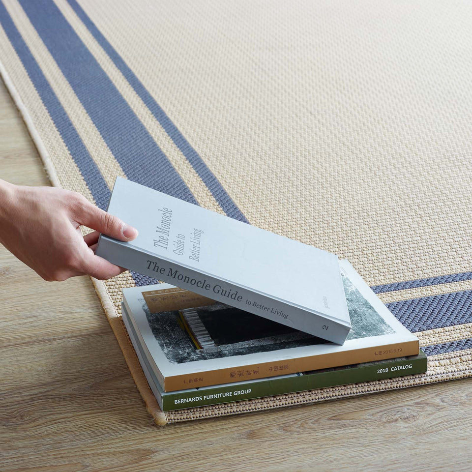 Rim Solid Border Indoor and Outdoor Area Rug in Blue and Beige.