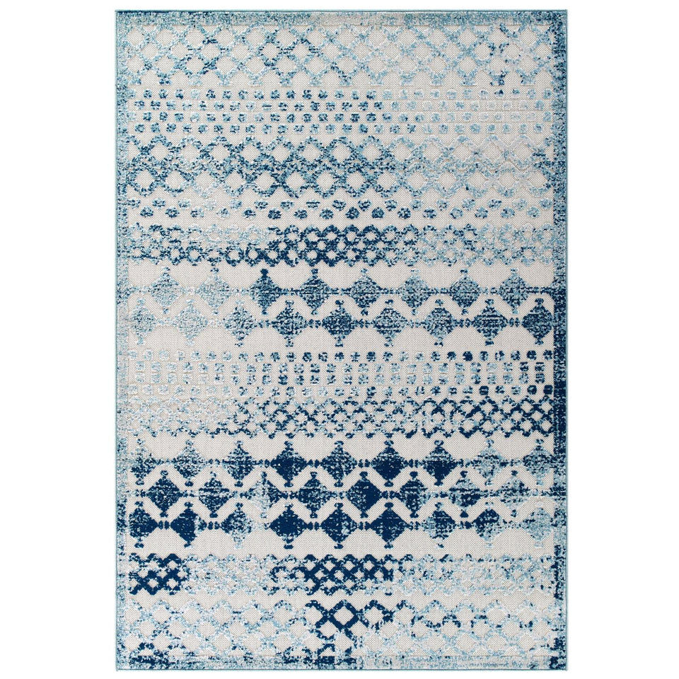 Reflect Giada Abstract Diamond Moroccan Trellis Indoor/Outdoor Area Rug in Ivory and Blue.