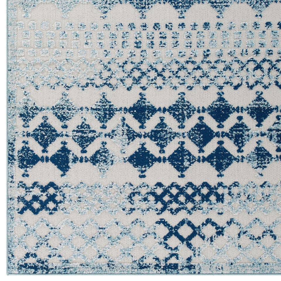 Reflect Giada Abstract Diamond Moroccan Trellis Indoor/Outdoor Area Rug in Ivory and Blue.
