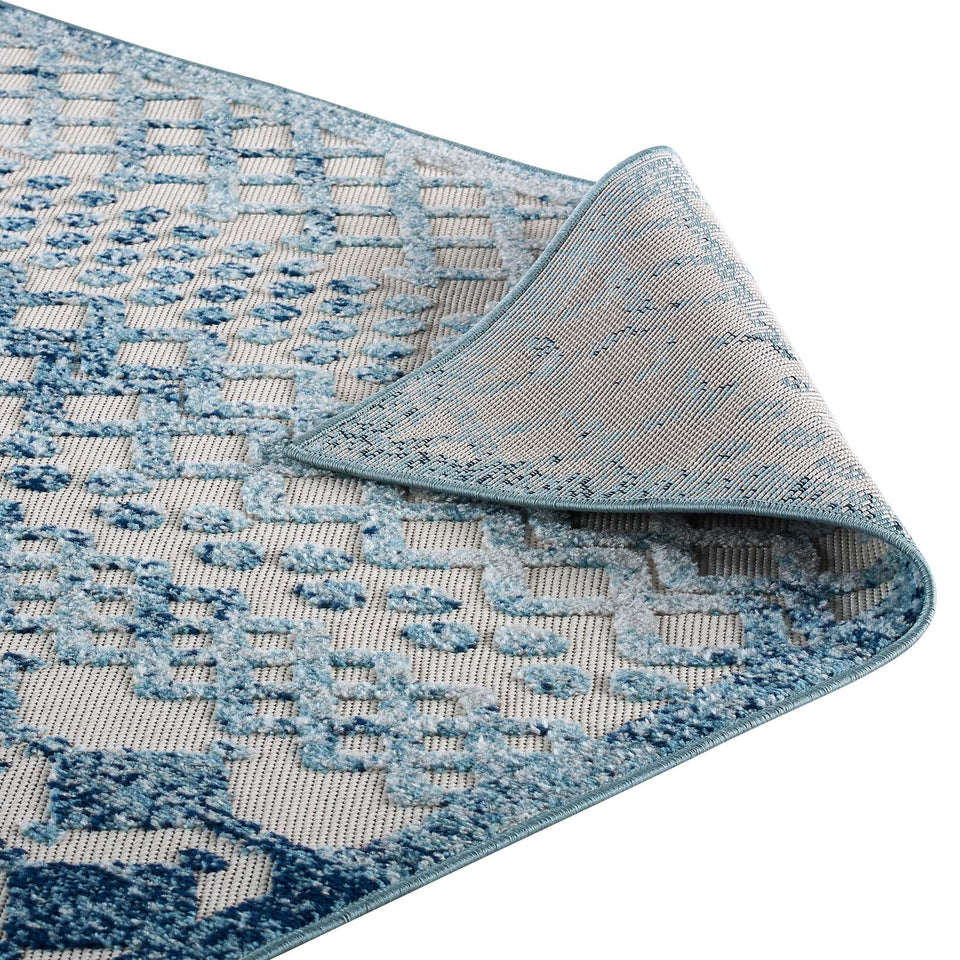 Reflect Giada Abstract Diamond Moroccan Trellis Indoor/Outdoor Area Rug in Ivory and Blue.