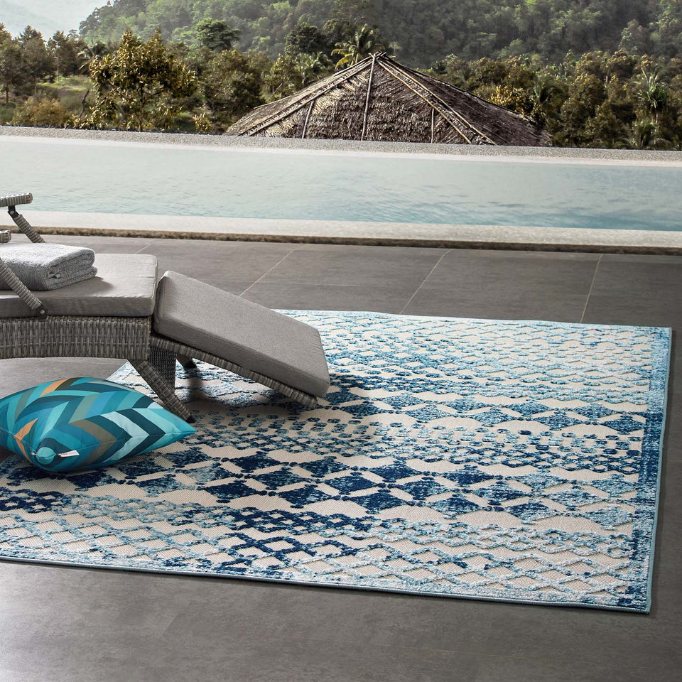 Reflect Giada Abstract Diamond Moroccan Trellis Indoor/Outdoor Area Rug in Ivory and Blue.