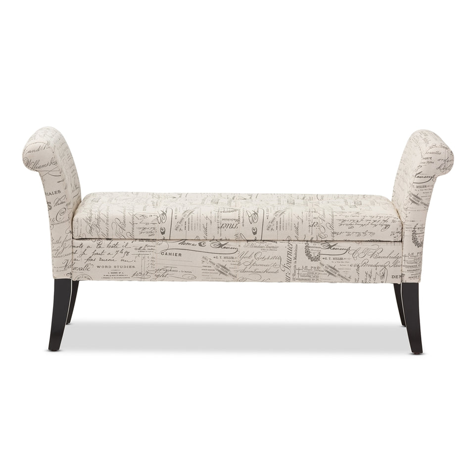 Avignon script-patterned French laundry fabric storage ottoman bench.