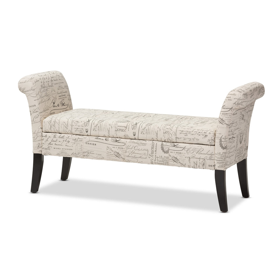 Avignon script-patterned French laundry fabric storage ottoman bench.