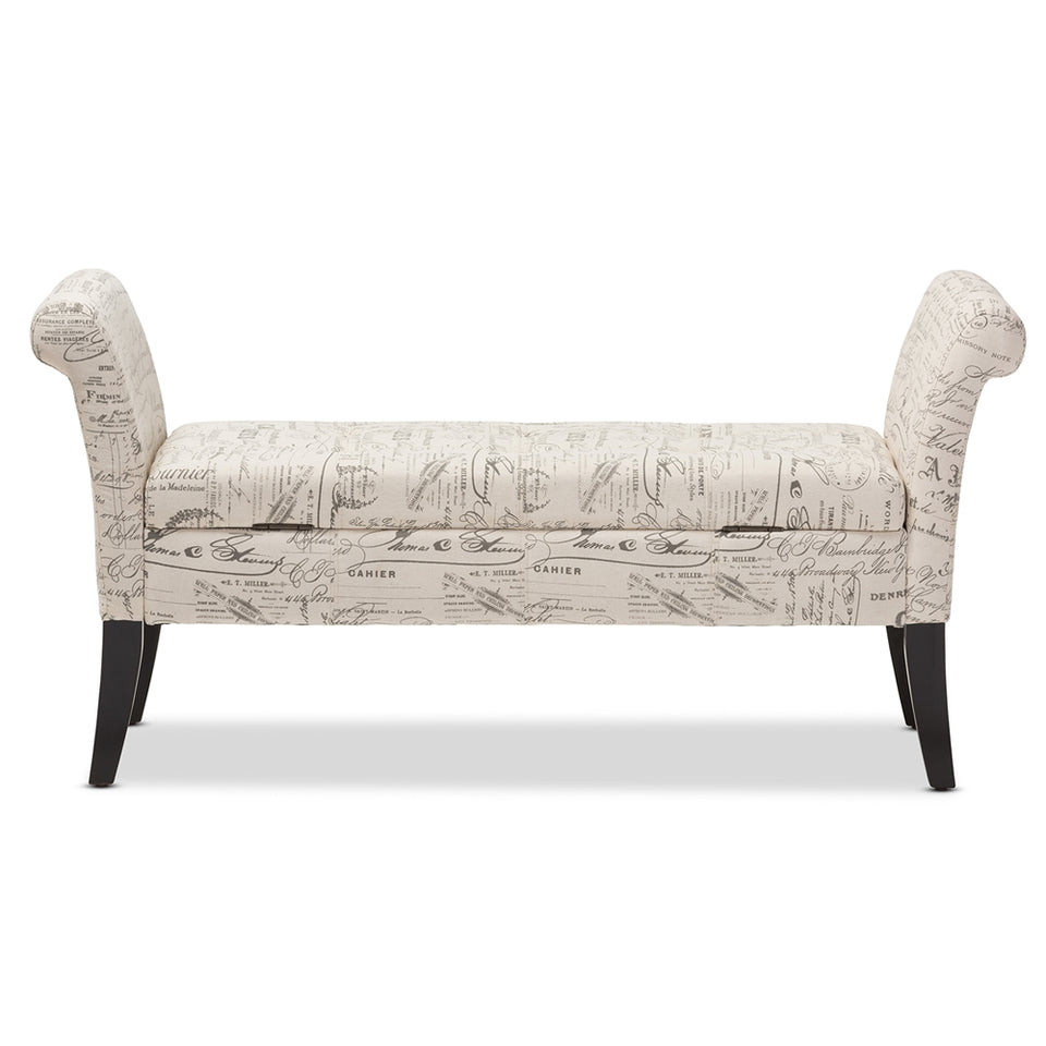 Avignon script-patterned French laundry fabric storage ottoman bench.
