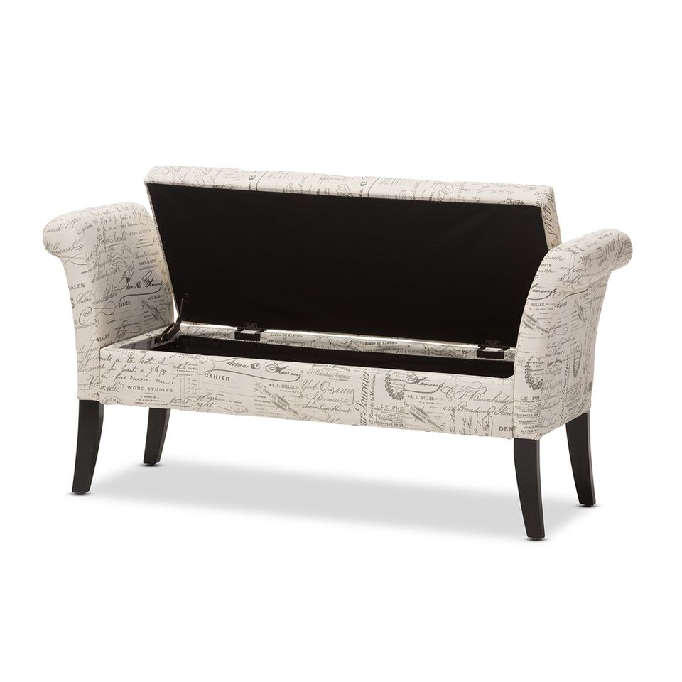 Avignon script-patterned French laundry fabric storage ottoman bench.