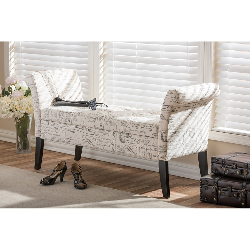 Avignon script-patterned French laundry fabric storage ottoman bench.