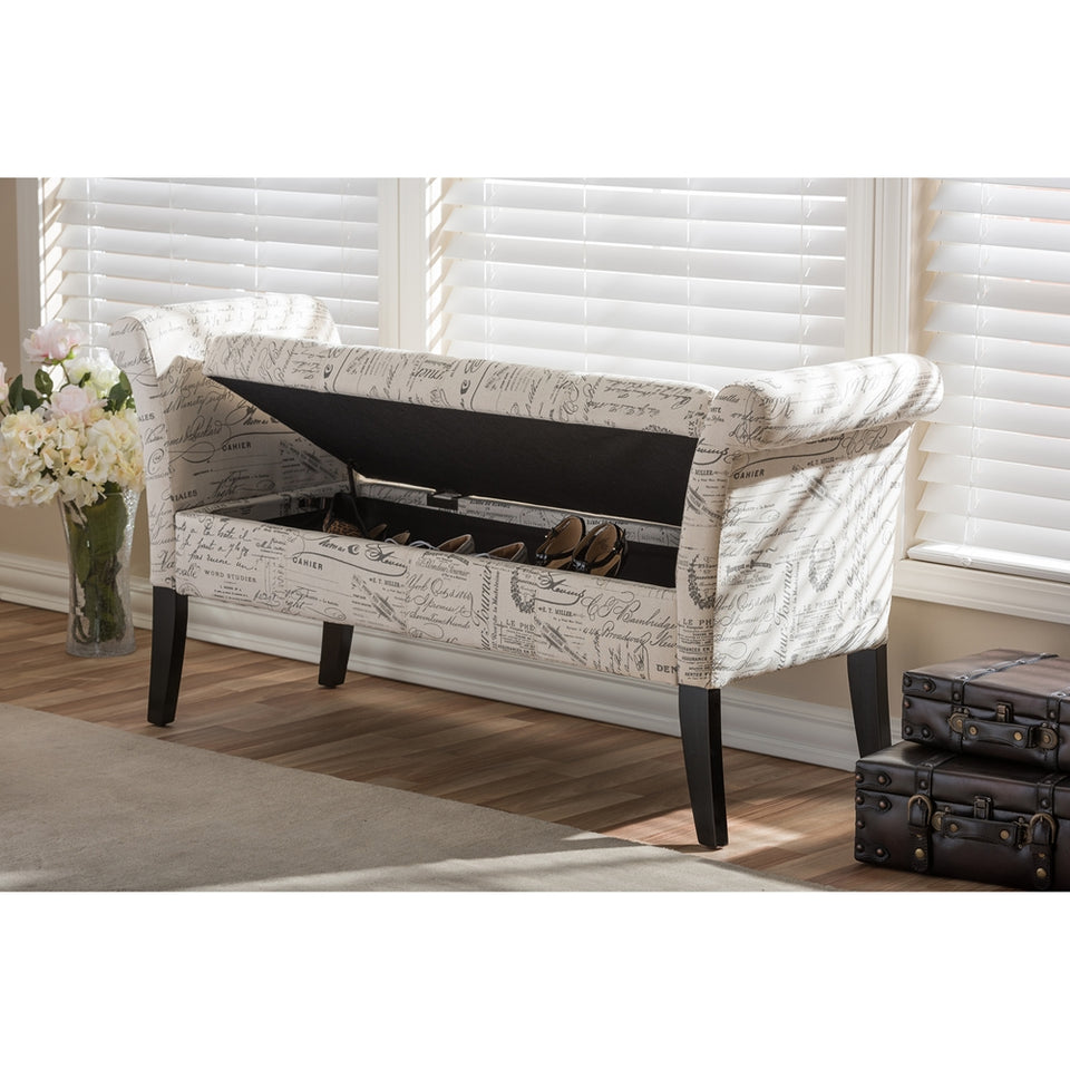 Avignon script-patterned French laundry fabric storage ottoman bench.