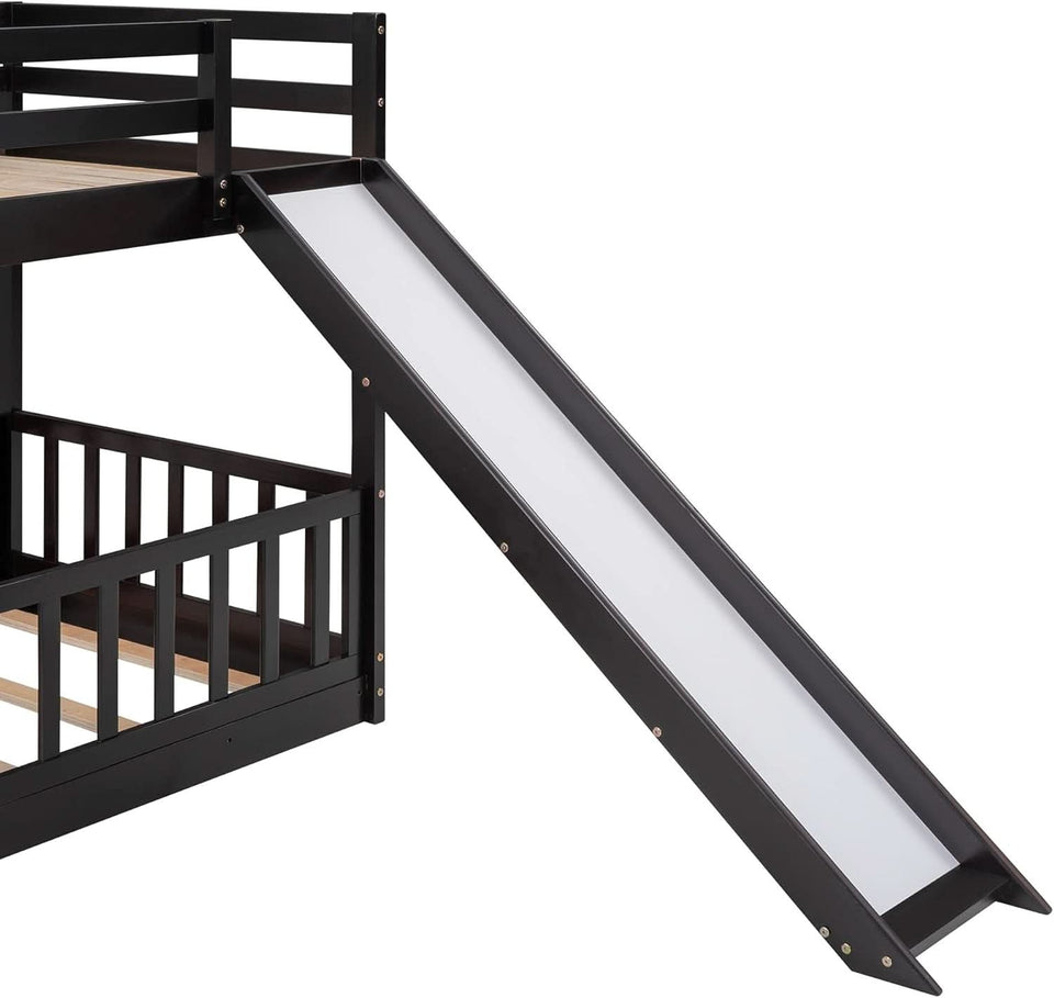 Twin Over Twin Floor Bunk Bed With Slide And Ladder