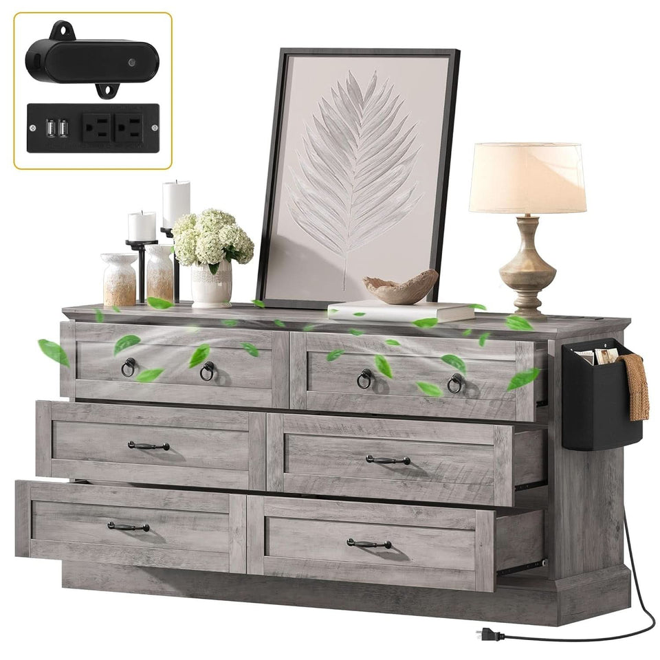 Grey Farmhouse 6 Drawer Dresser 59 Inch Wide With Air Purifier