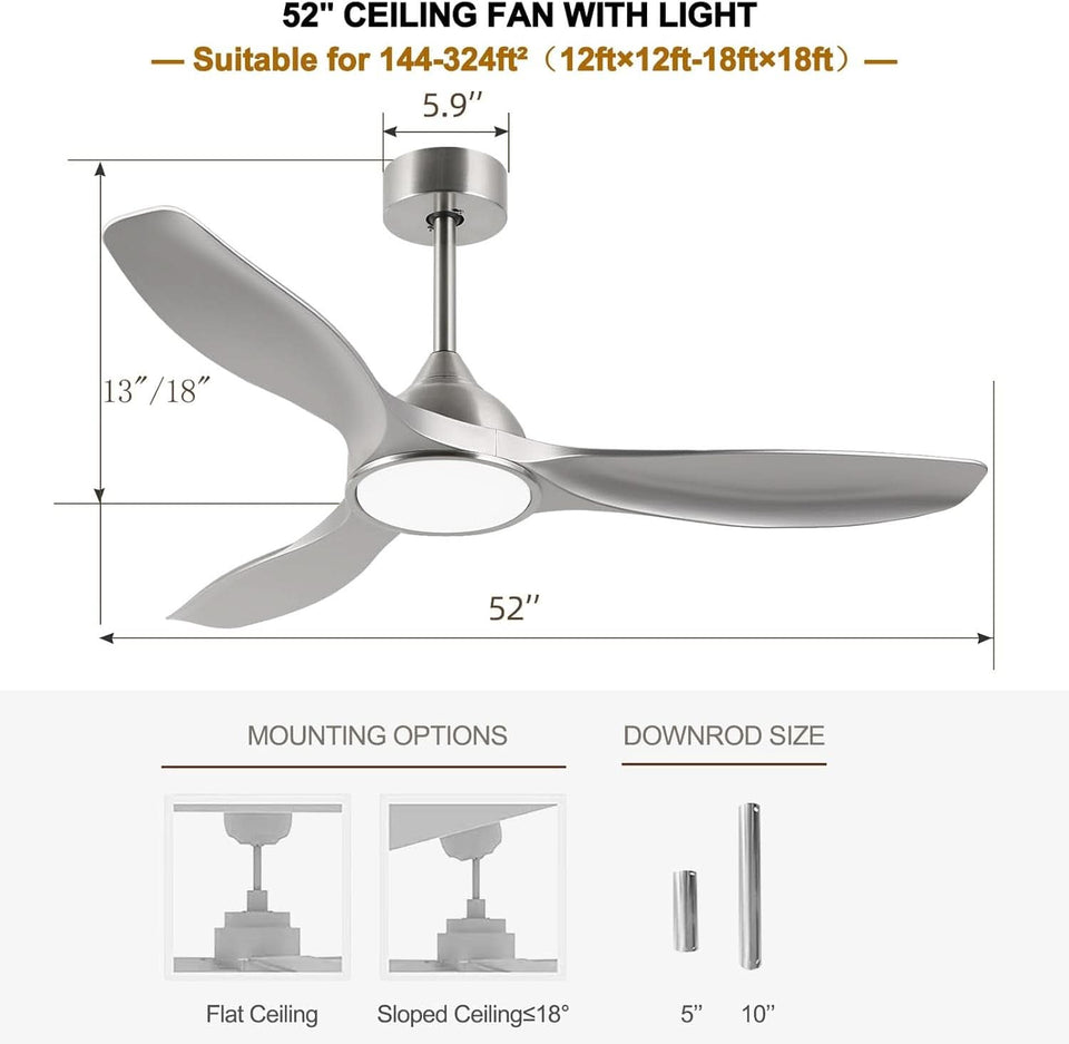 52 Inch Quiet DC Motor Ceiling Fan With LED Lights Remote Control