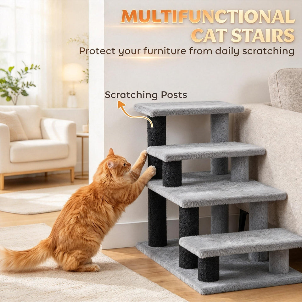 Modular Pet Cat Stairs with Flexible Setup - Particleboard & Plush, Gray/Black