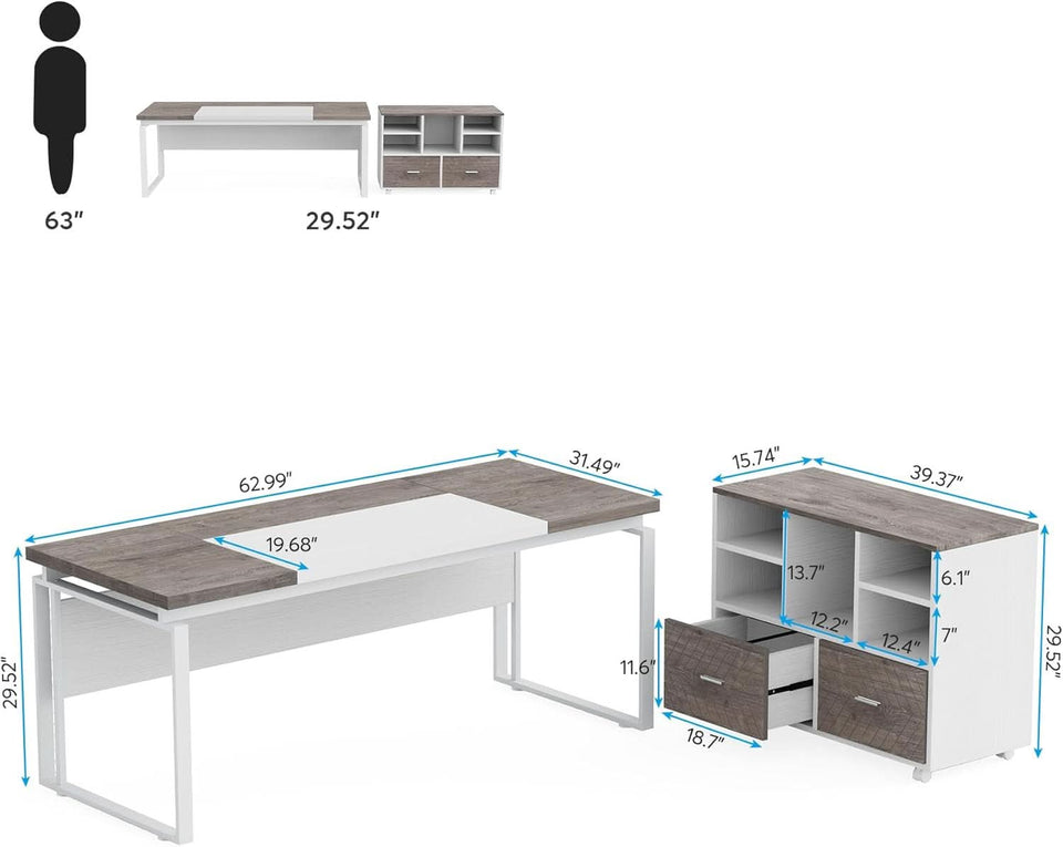 63 Inch L Shaped Desk Gray White With Reversible File Cabinet