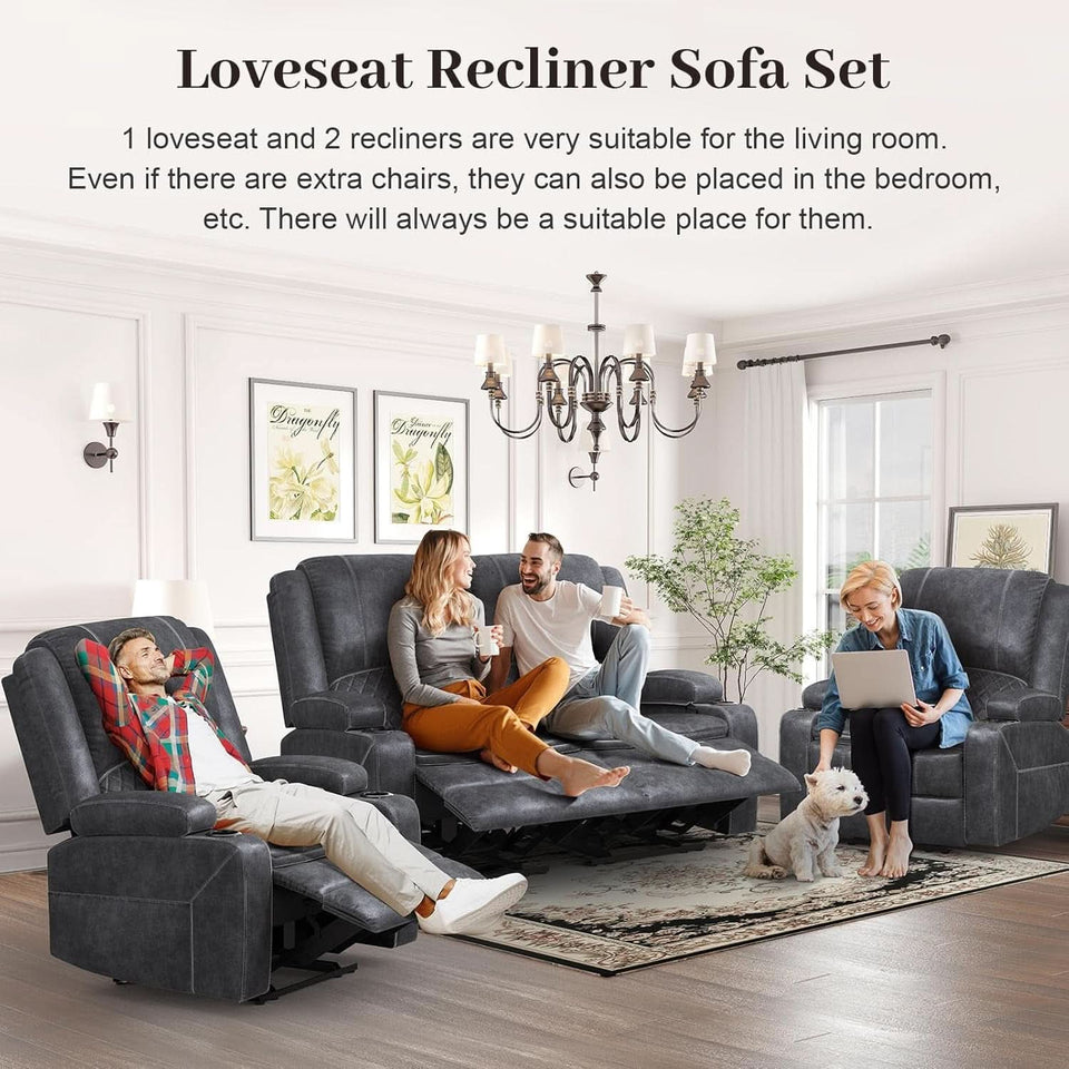 Grey Leather Reclining Loveseat Sofa Set With Console And Two Chairs