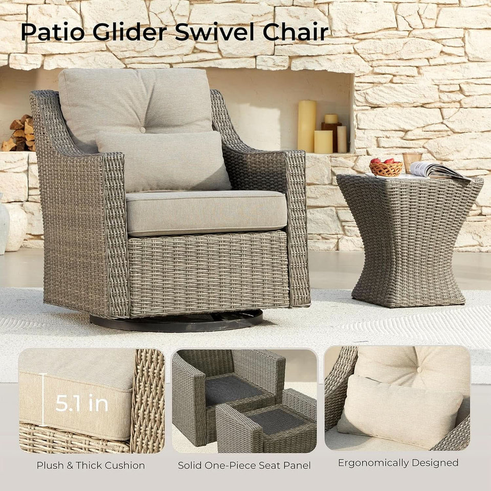 3 Piece Wicker Patio Bistro Set With Grey Cushions