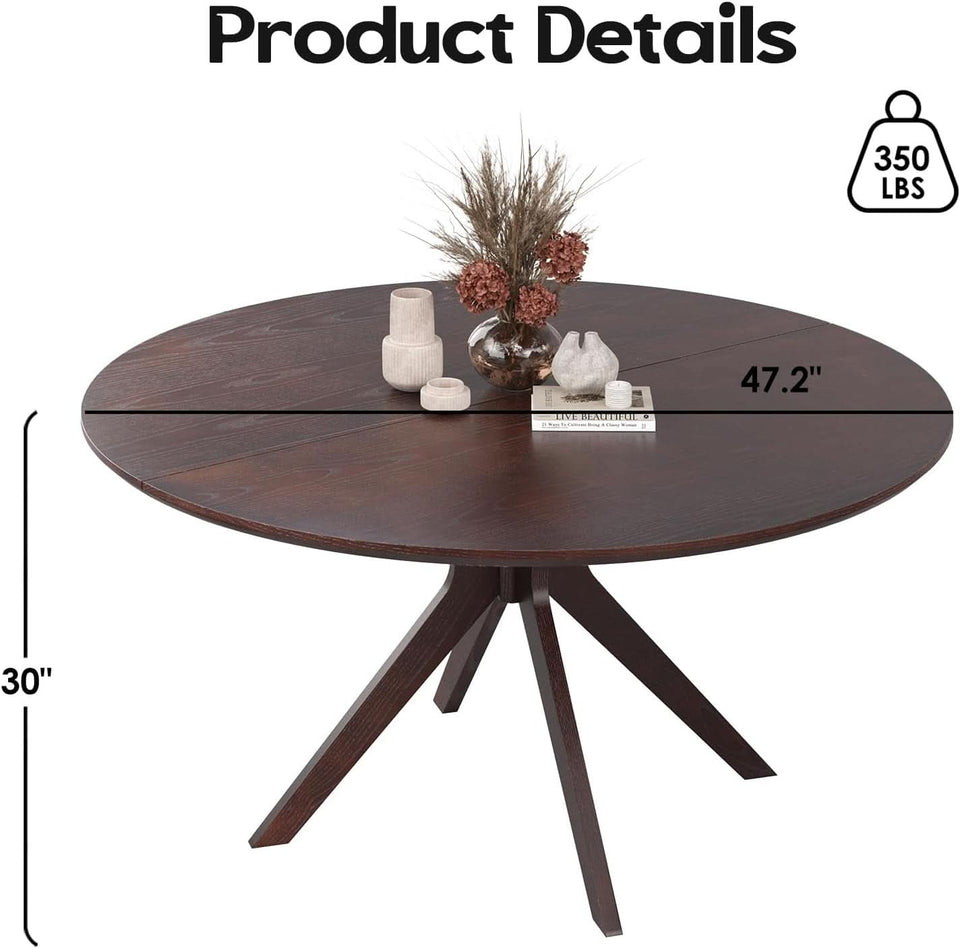 Walnut 47.2-Inch Round Dining Table With X Pedestal Solid Wood