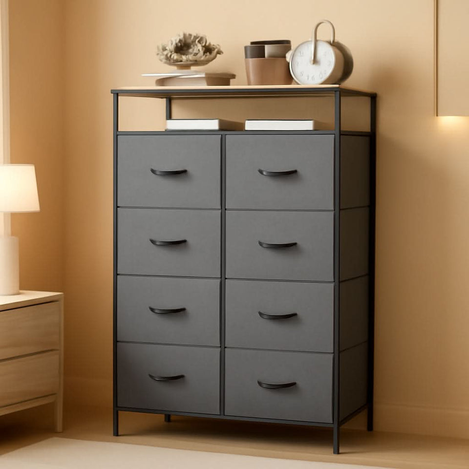 Charcoal Gray Fabric Dresser With Shelves And 8 Drawers