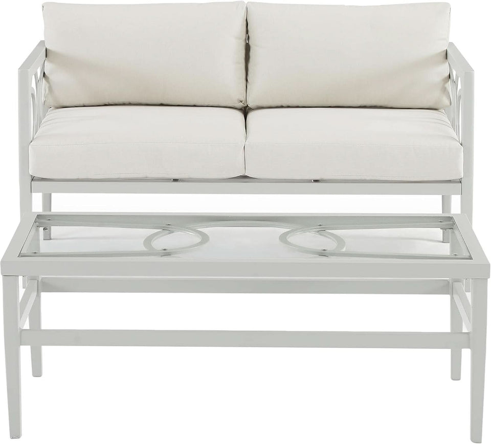 2 Piece Outdoor Coffee Table And Loveseat Set Gray Frame Creme Cushions