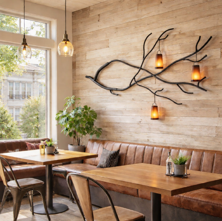 Illuminated Branch Wall Sculpture with 3 Lanterns