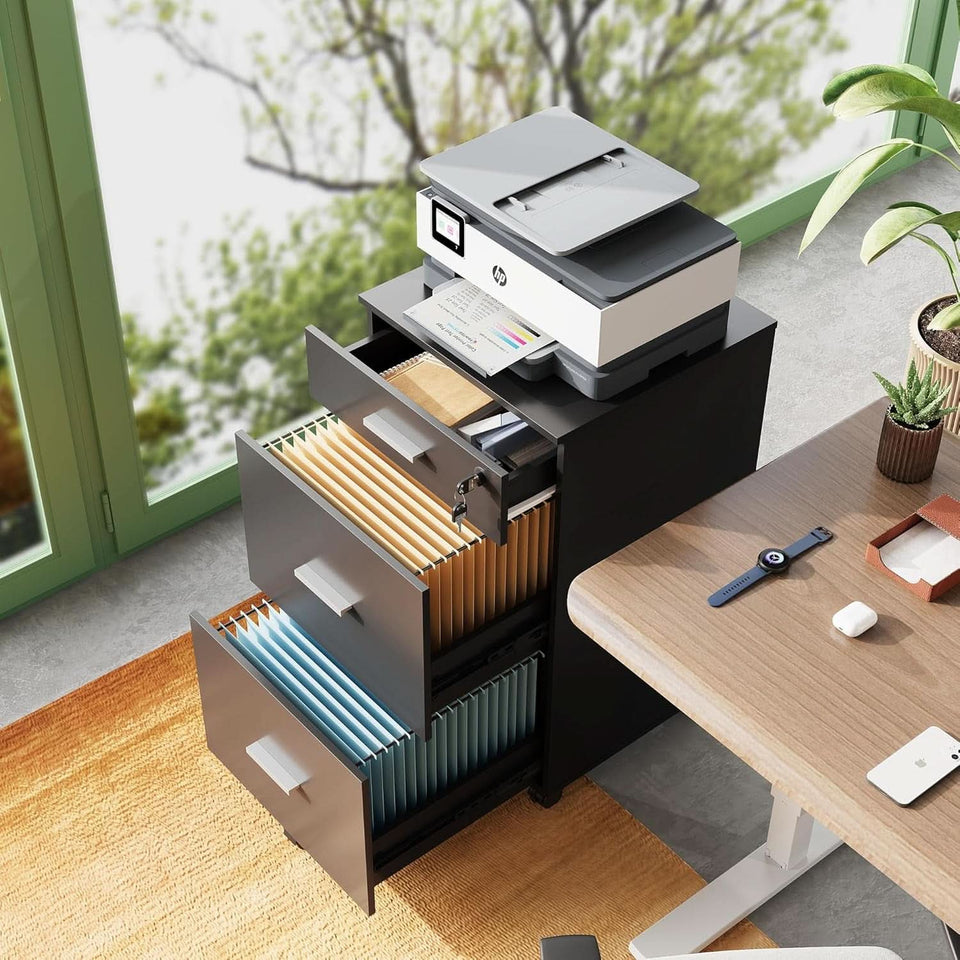Black 3-Drawer Locking Rolling File Cabinet for Home Office