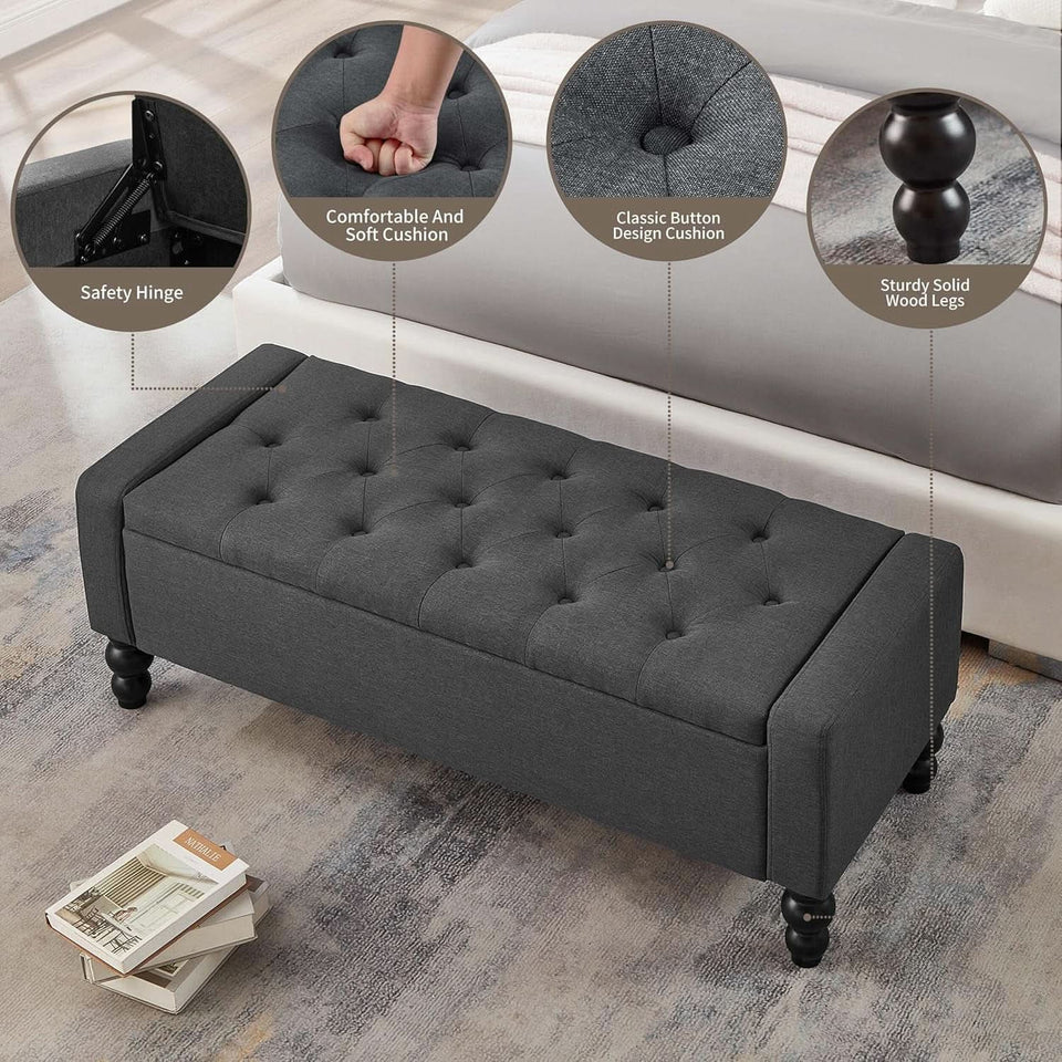 Storage Ottoman Bench Featuring Dual Safety Hinges