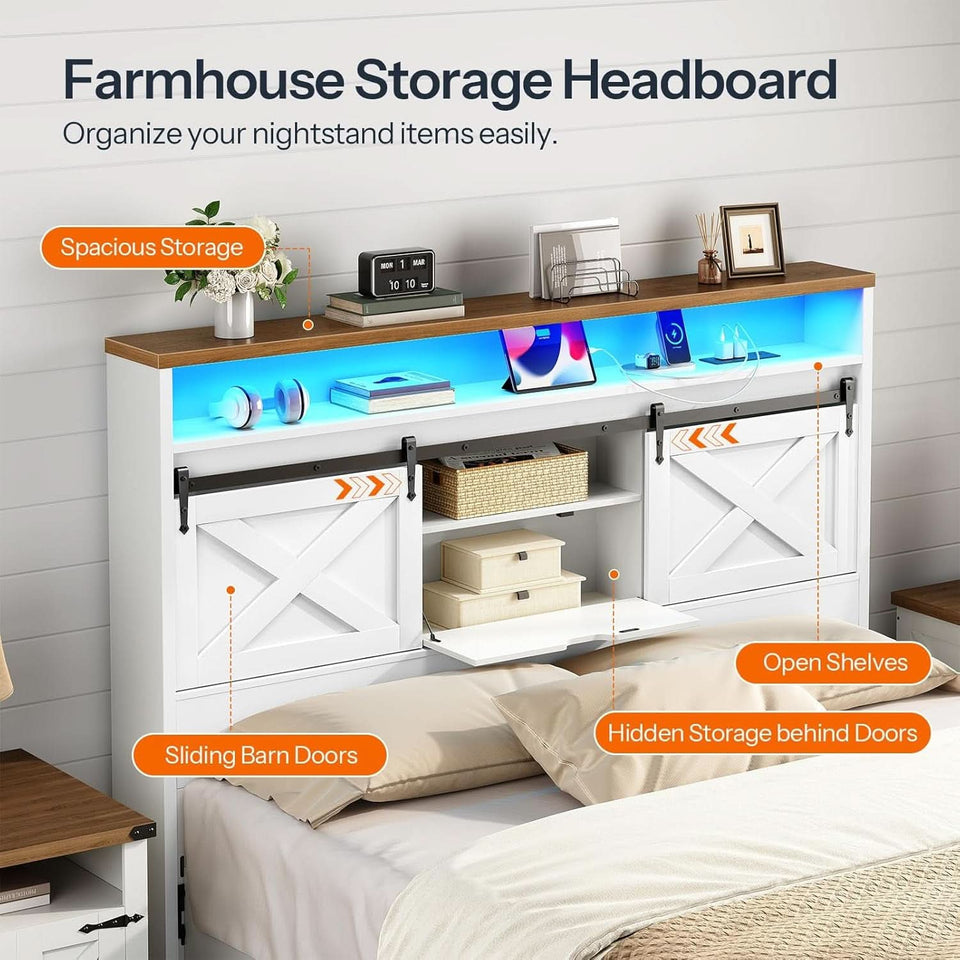 Farmhouse Queen Headboard with Storage and Charging Station