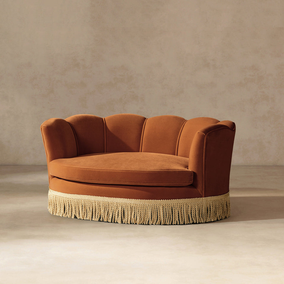 Clara Scalloped Pet Sofa Bed with Velvet Upholstery - Medium, Burnt