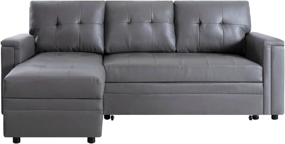 L Shaped Sectional Sleeper Sofa With USB Ports Gray Leather