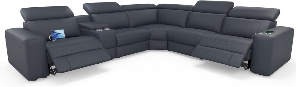Grey Leather Power Recliner Sofa With Center Console