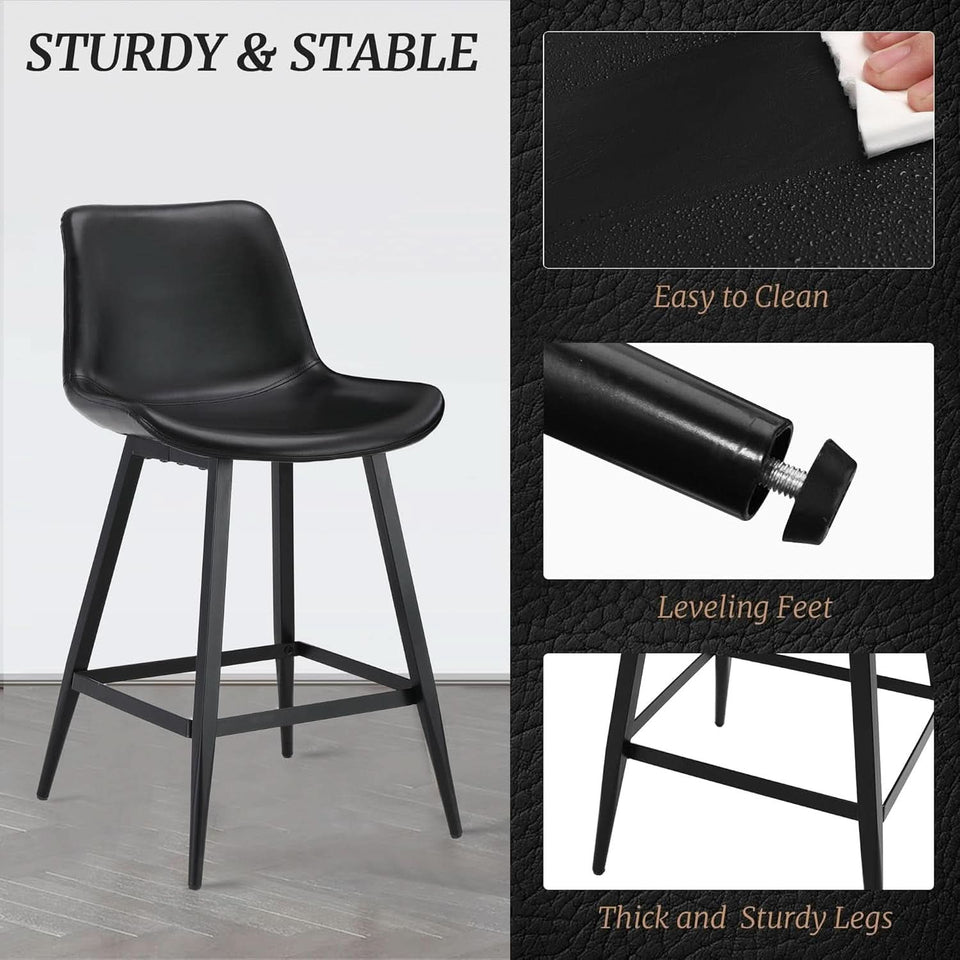 24 Inch Modern Bucket Bar Stool Set Of 3 With Back And Footrest In Faux Leather Black