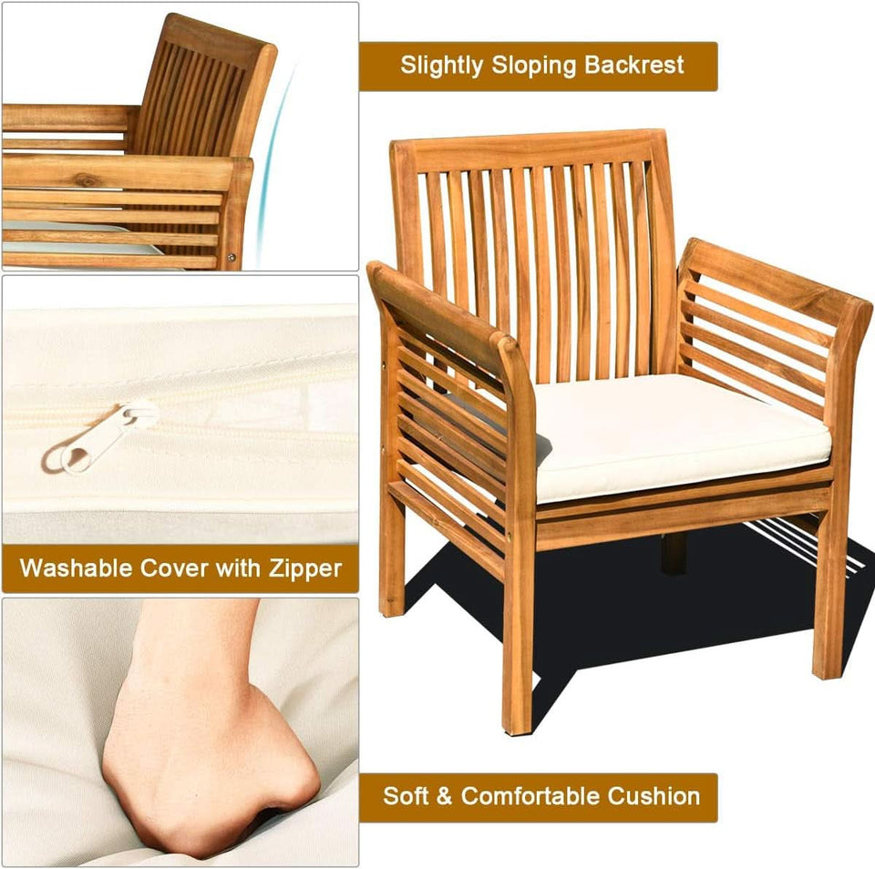Outdoor Acacia Wood 4 Piece Sofa Set With Water Resistant Cushions Coffee Table