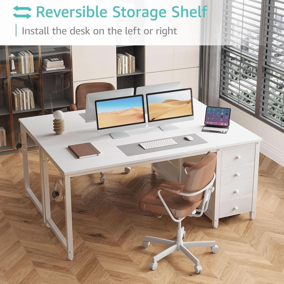 55 Inch White Computer Desk With Fabric Drawer For Home Office
