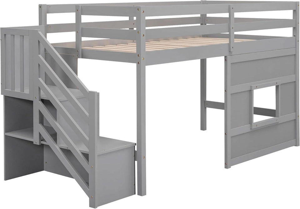 Twin Size Low Loft Bed In Gray With Stairs Storage