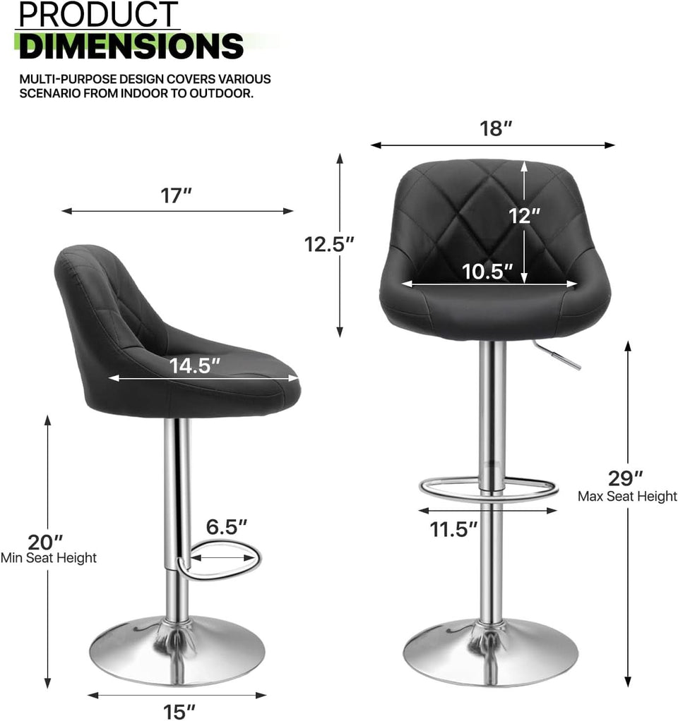 Bar Stools Set of 2 Adjustable Swivel Black Counter Height