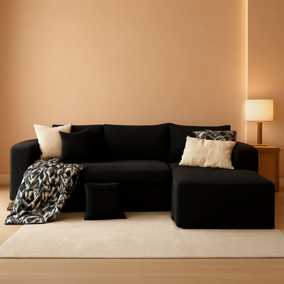 104 Inch Black Corduroy L Shaped Sectional Sofa Deep Set Upholstered Modular Couch No Assembly