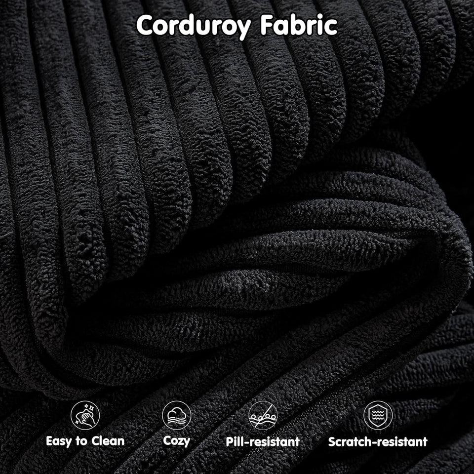 104 Inch Black Corduroy L Shaped Sectional Sofa Deep Set Upholstered Modular Couch No Assembly